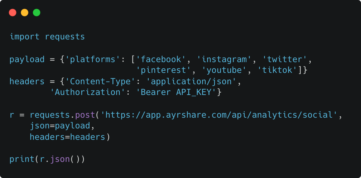 Python example: fetching social analytics with the Ayrshare API