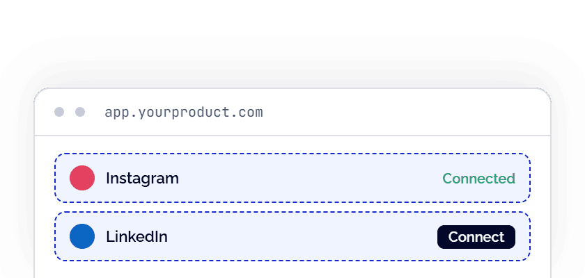 Instagram and LinkedIn tiles embedded in a customer's app, one connected and one ready to connect