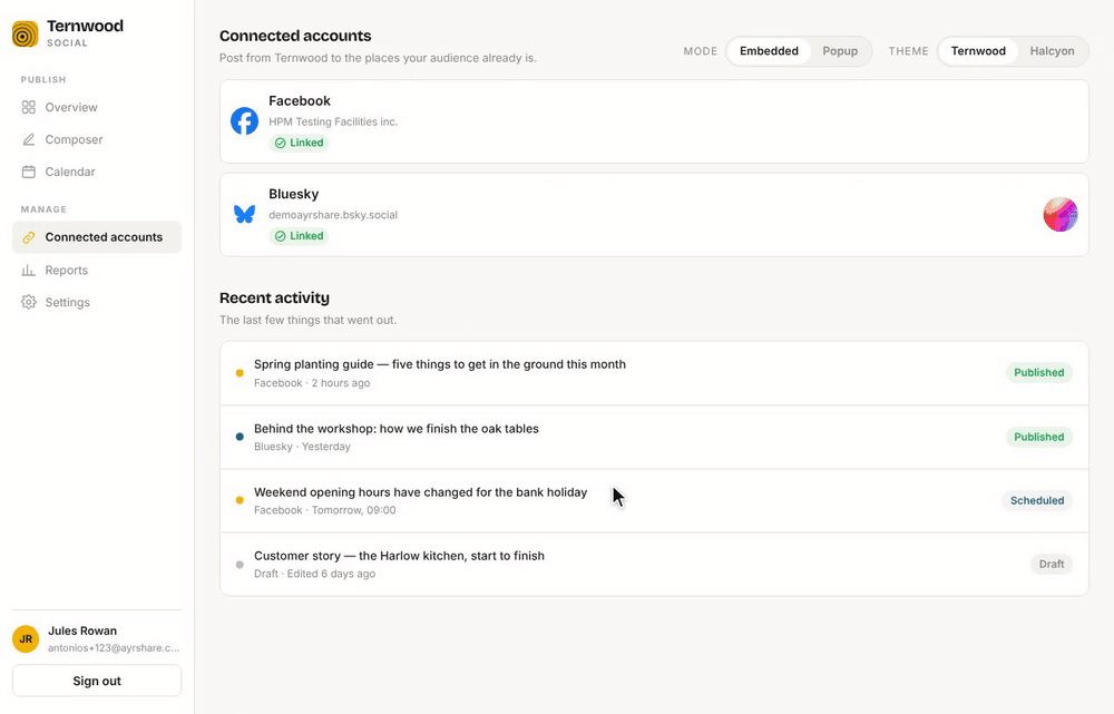 A linked Bluesky tile inside a customer dashboard: the user clicks it, confirms Unlink, then links the account again in place