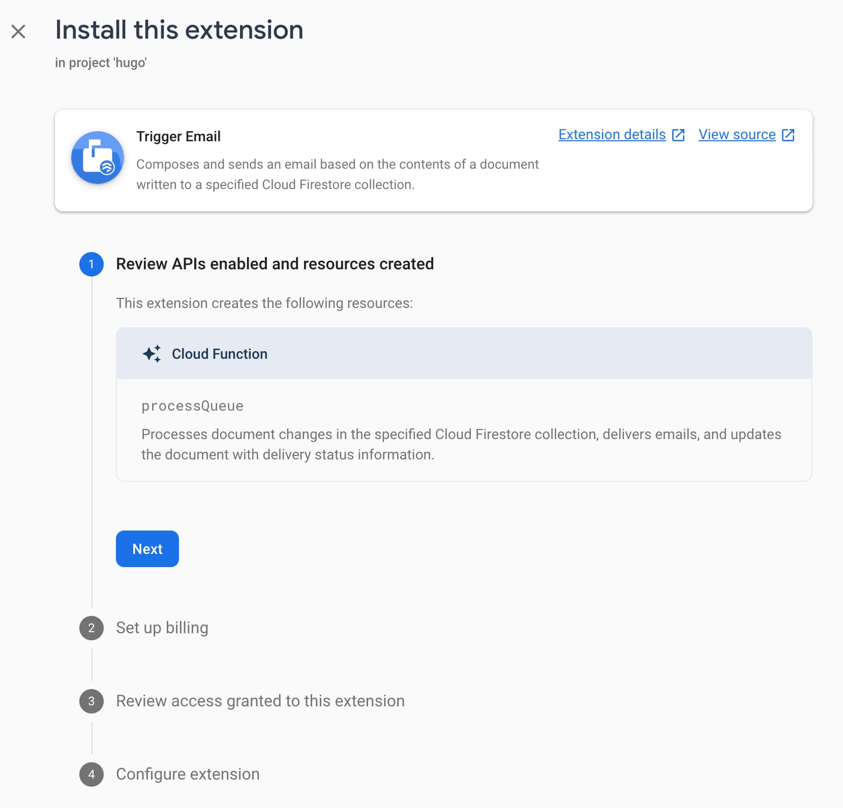 Firebase email extension setup and install