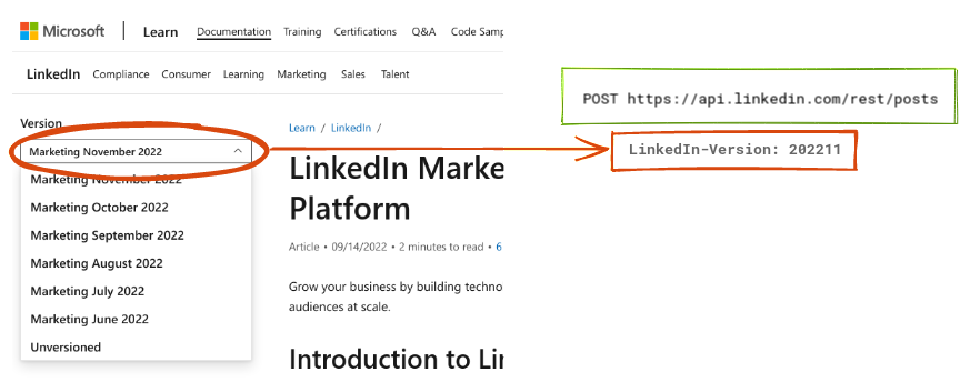 A screenshot of the linkedin marketing platform API versions