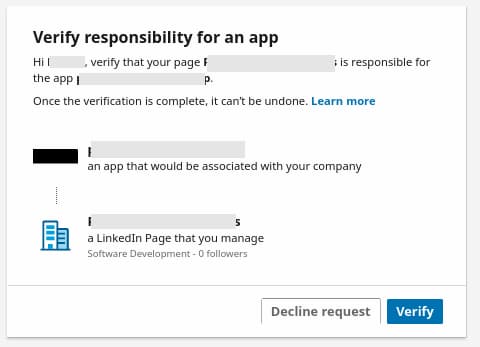 A screen showing the verification of a LinkedIn account API