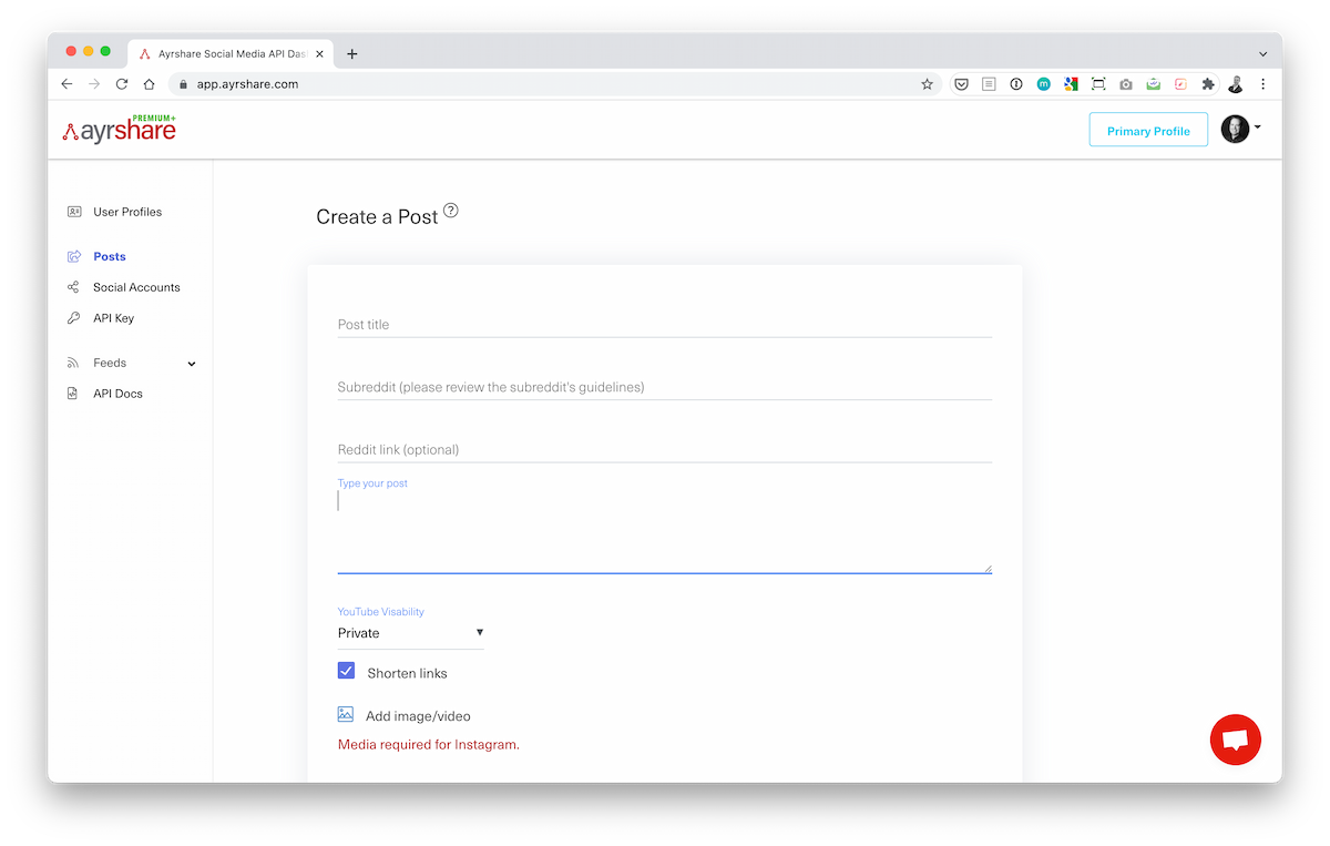 Ayrshare Dashboard social media API