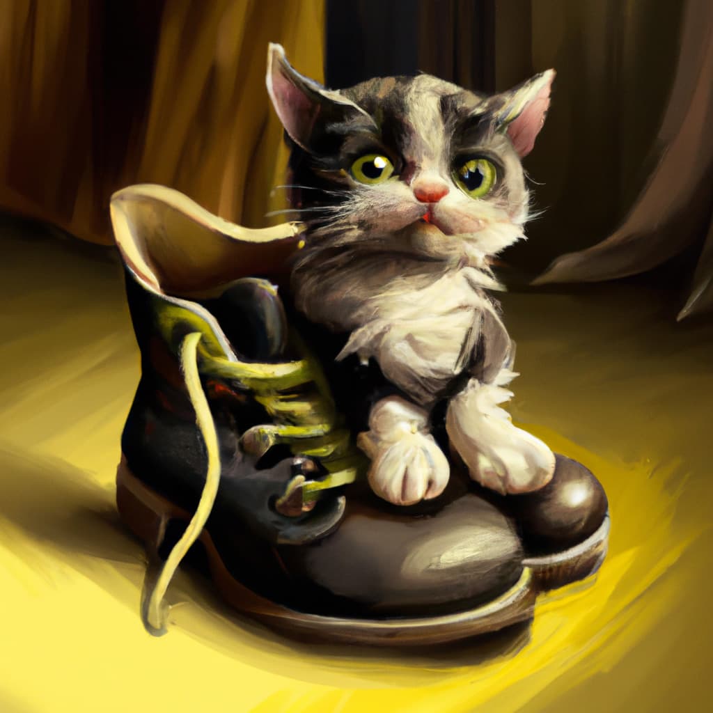 A painting of a kitten sitting in a shoe generated by ChatGPT.